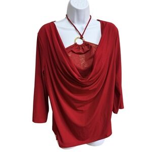 AGB Women Red 3/4 Sleeve Cowl Neck Halter Top Blouse XL Party FlirtyUSA Made